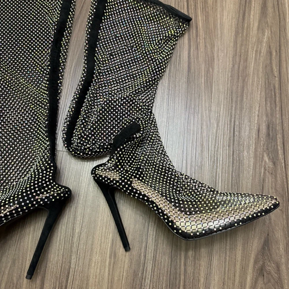 Ladies sz 44 Stiletto High Heel Over The Knee Black Fishnet Mesh Gem Rhinestone - Picture 3 of 12